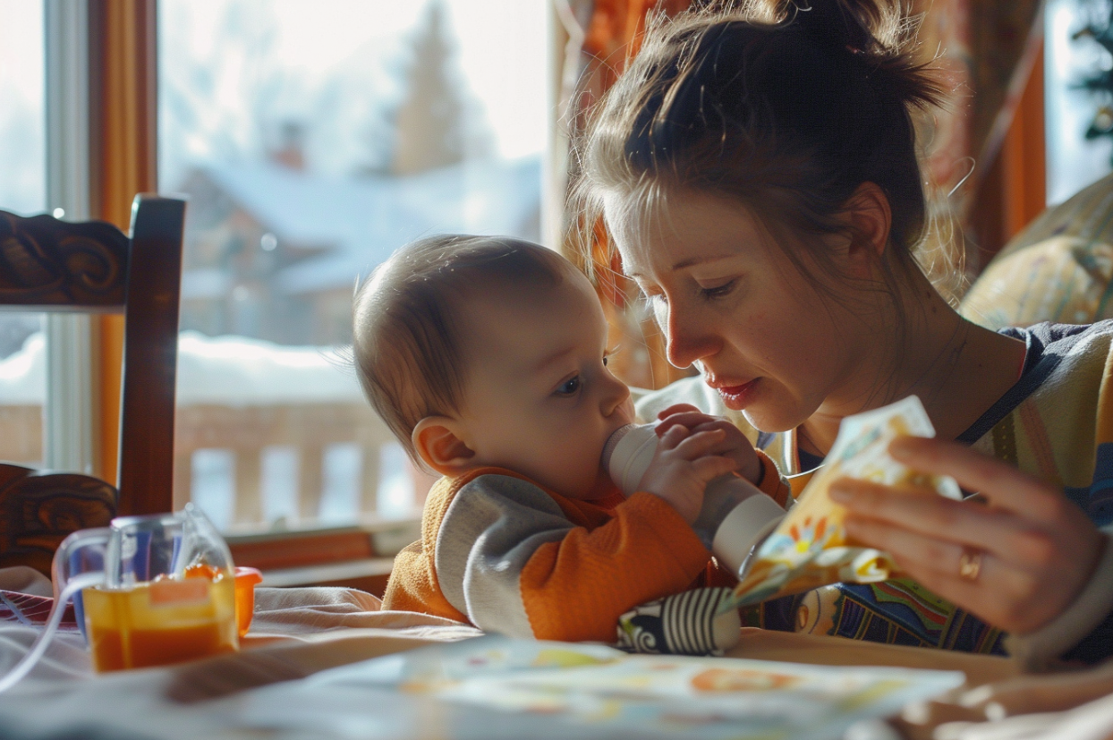 Una mujer alimenta a su bebé mientras trabaja en un proyecto | Fuente: MidJourney