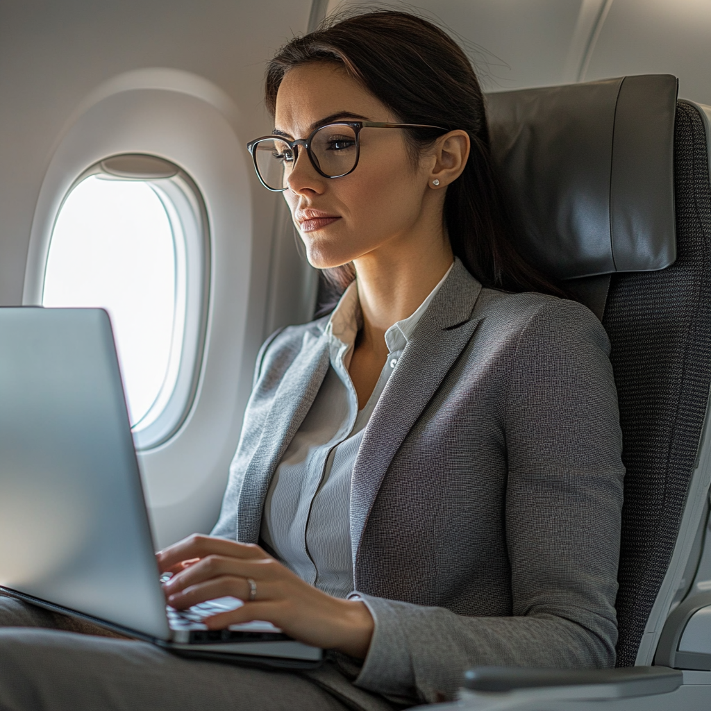 La mujer trabajando con su portátil en el avión | Fuente: Midjourney