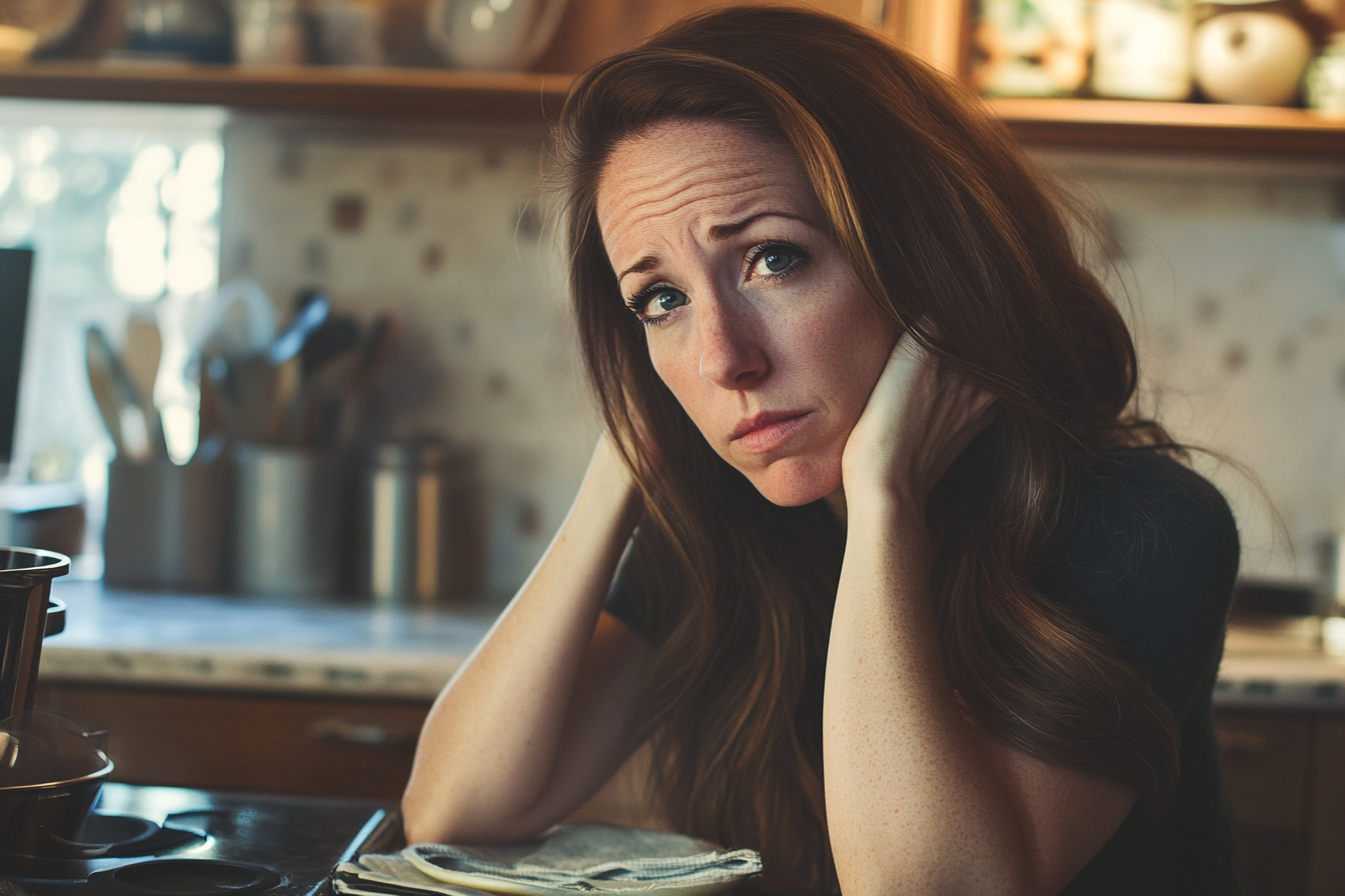 Una mujer reflexiva en la cocina | Fuente: Midjourney