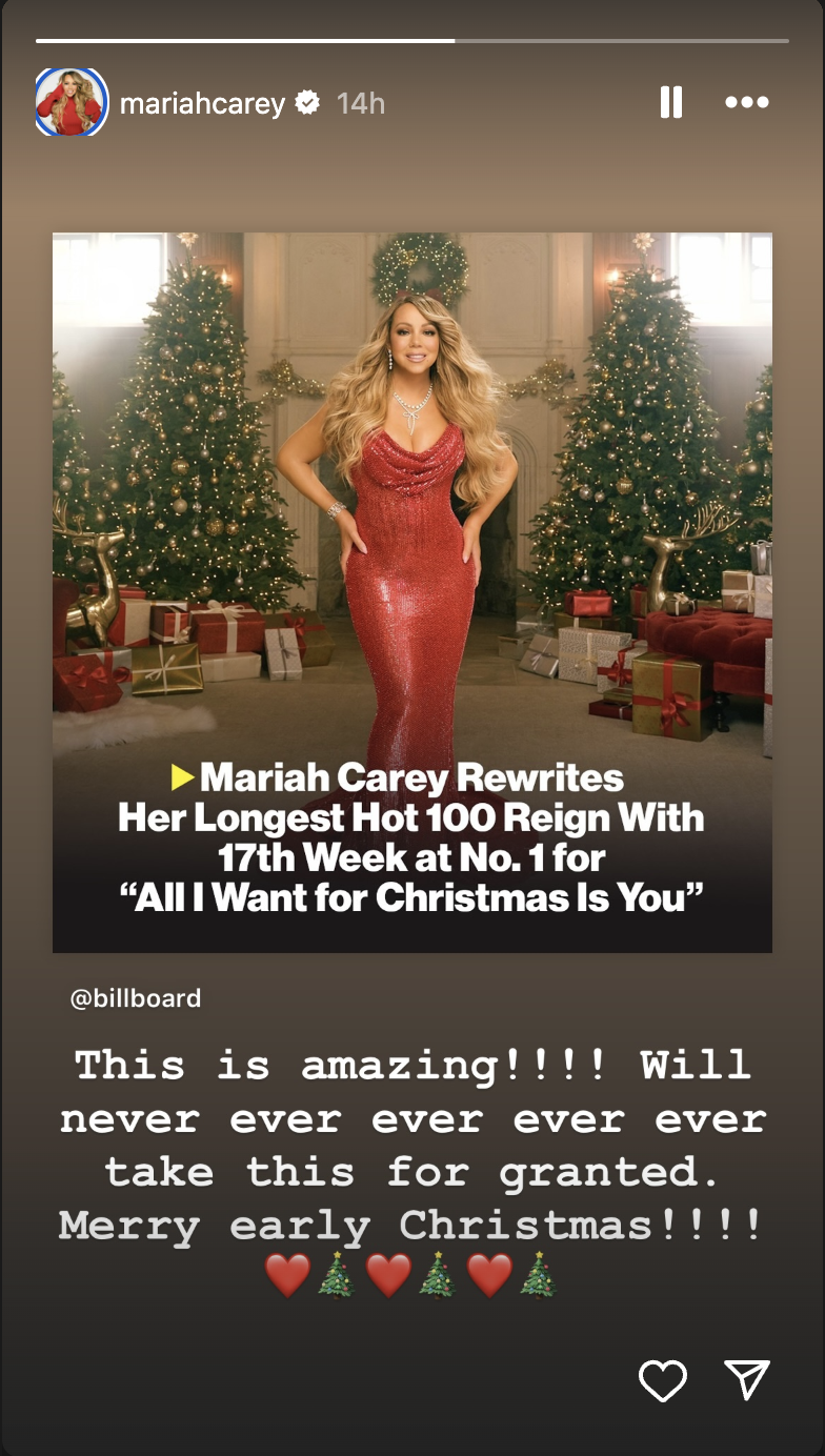 Reacción de Mariah Carey a su logro, publicada el 23 de diciembre de 2024 | Fuente: Instagram/mariahcarey