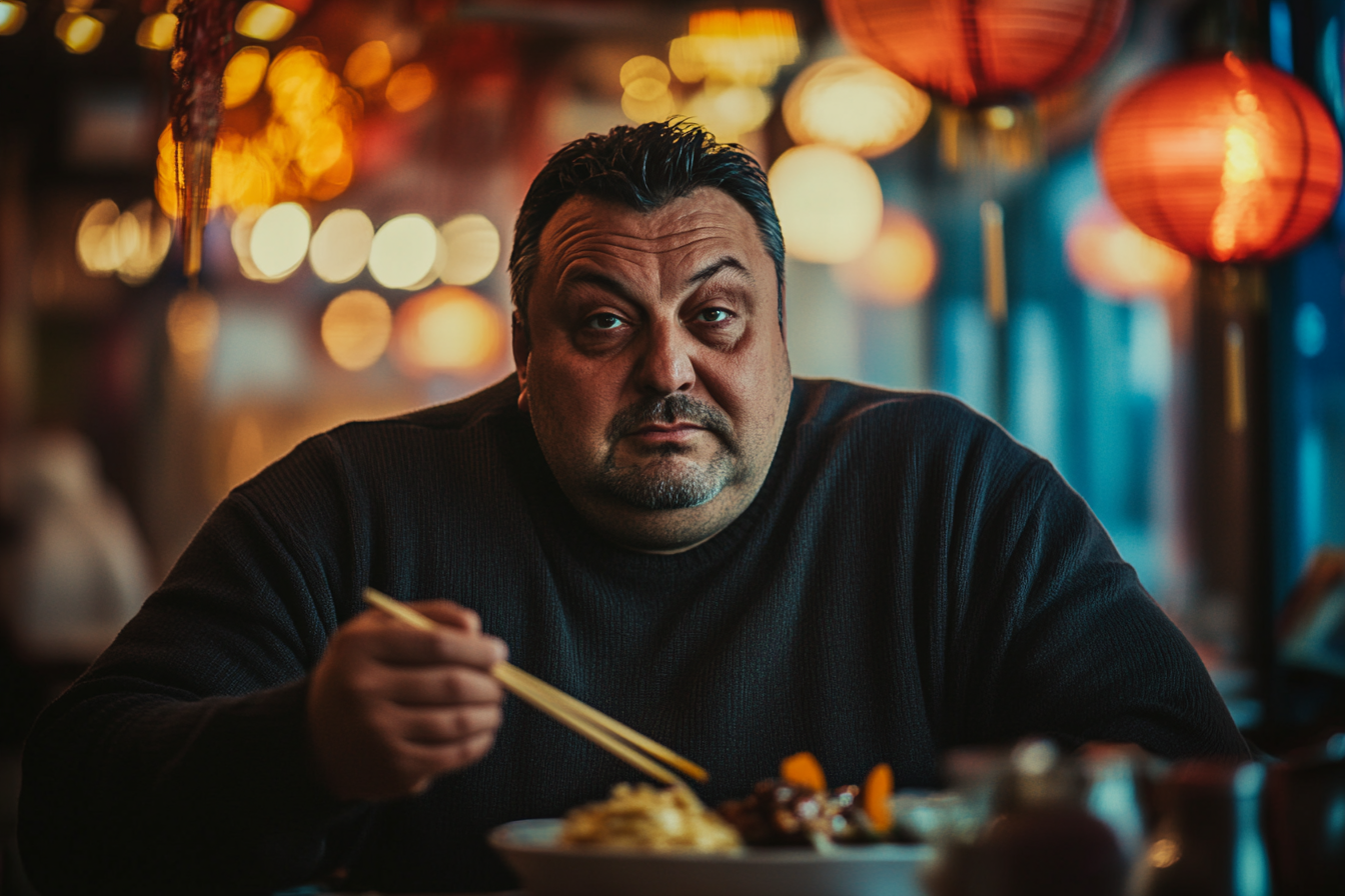 A man looking serious at a Restaurante chino | Fuente: Midjourney