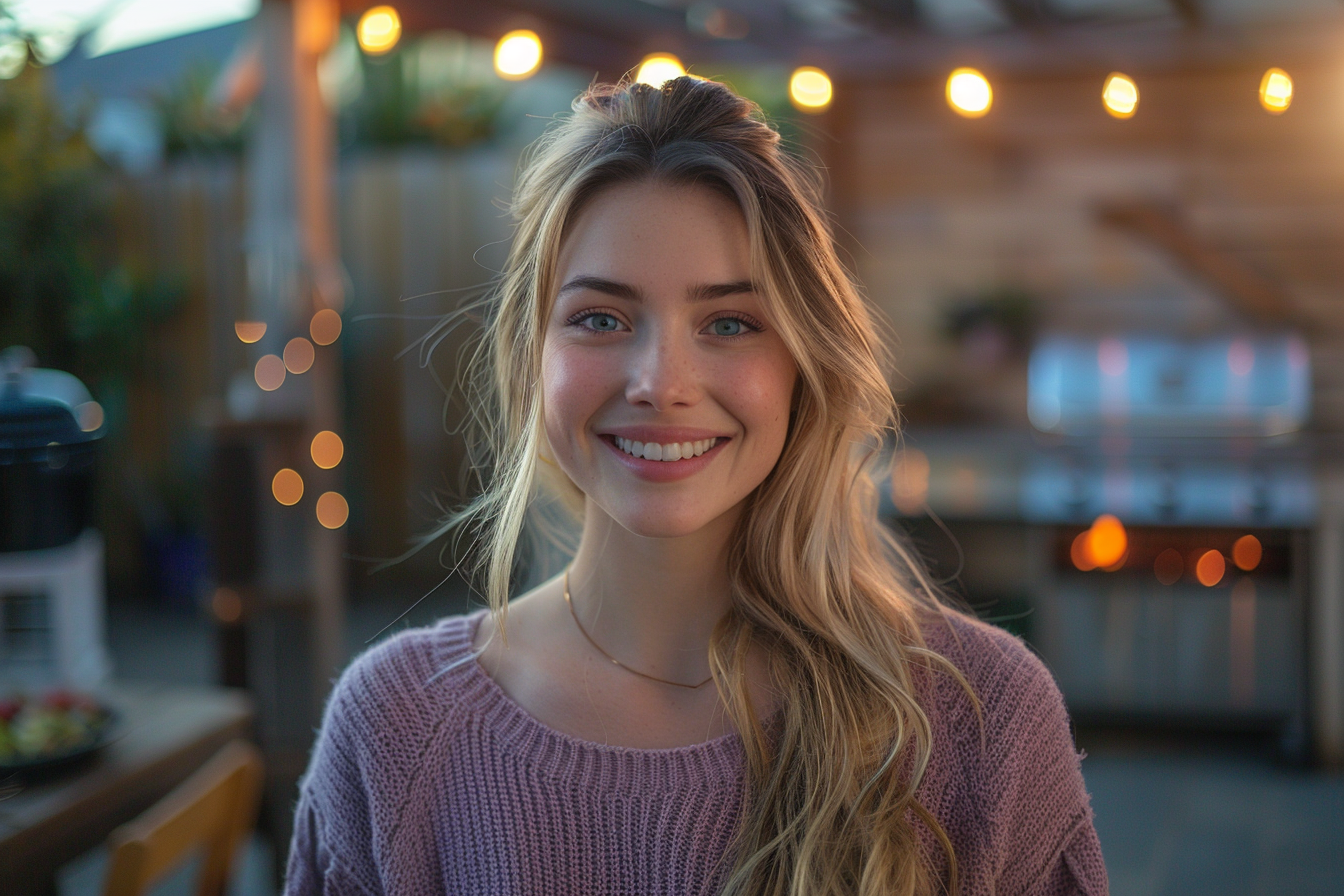 Una joven sonriendo en el marco de una barbacoa familiar | Fuente: Midjourney