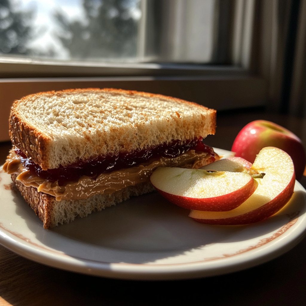 Un bocadillo de mantequilla de cacahuete y mermelada y rodajas de manzana | Fuente: Midjourney