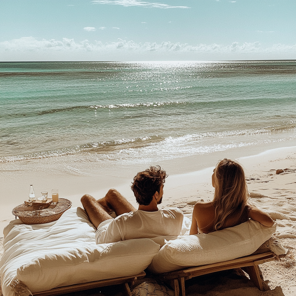 Una pareja descansando en una playa | Fuente: Midjourney