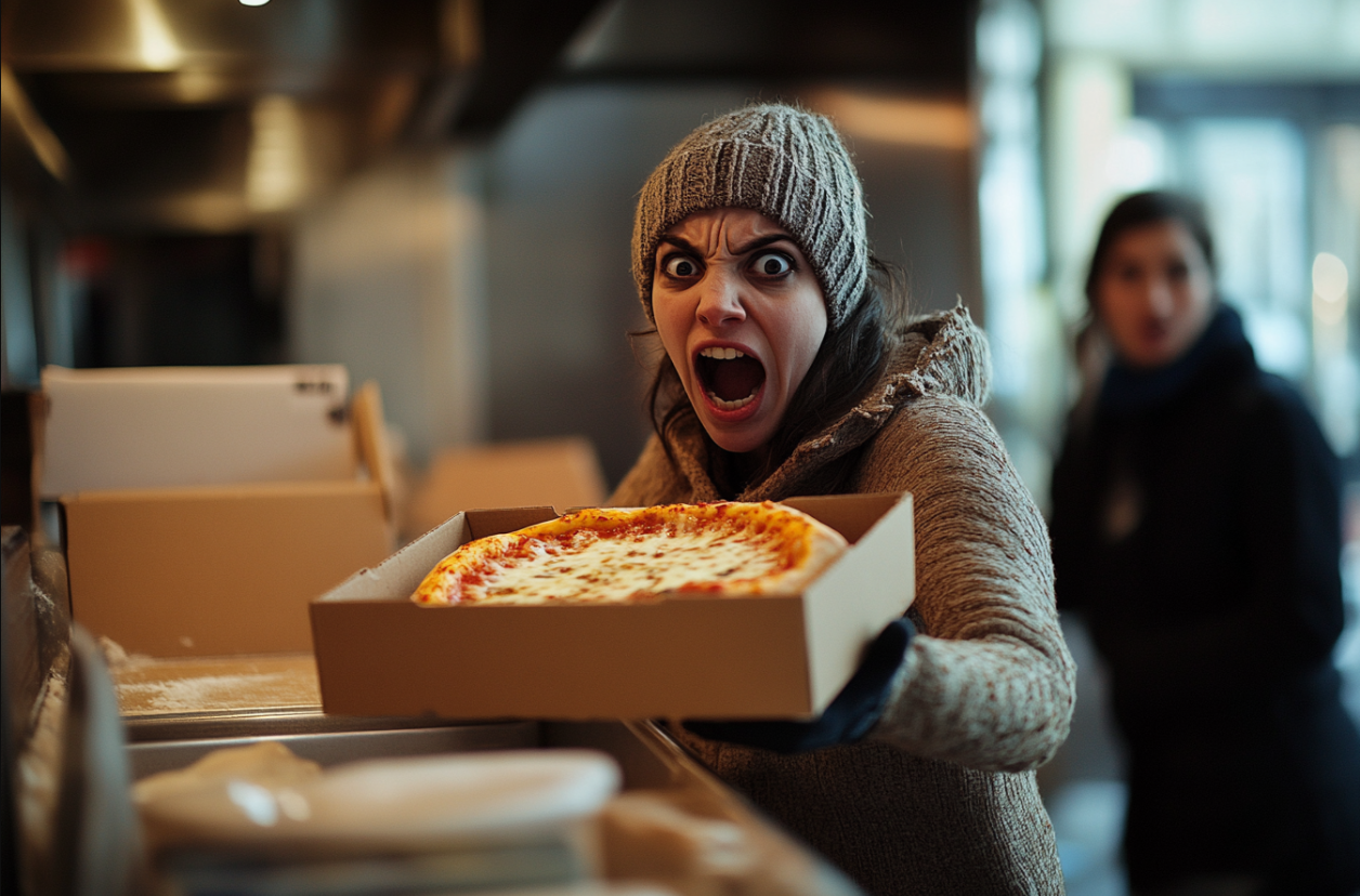 Una mujer llevando una pizza | Fuente: Midjourney