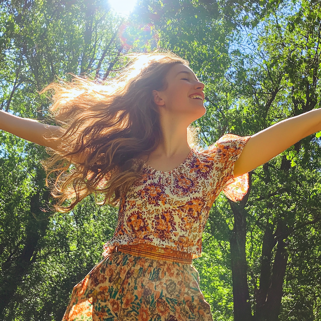 Una mujer de espíritu libre bailando al sol | Fuente: Midjourney