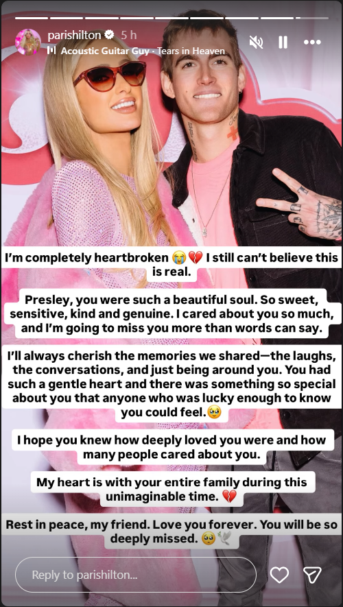 Paris Hilton compartió esta historia de Instagram tras la muerte de Presley Gerber, describiéndolo como un "alma hermosa" y recordándolo como "dulce, sensible, amable y genuino", mientras expresaba su dolor y sus condolencias a su familia. | Fuente: Instagram/parishilton