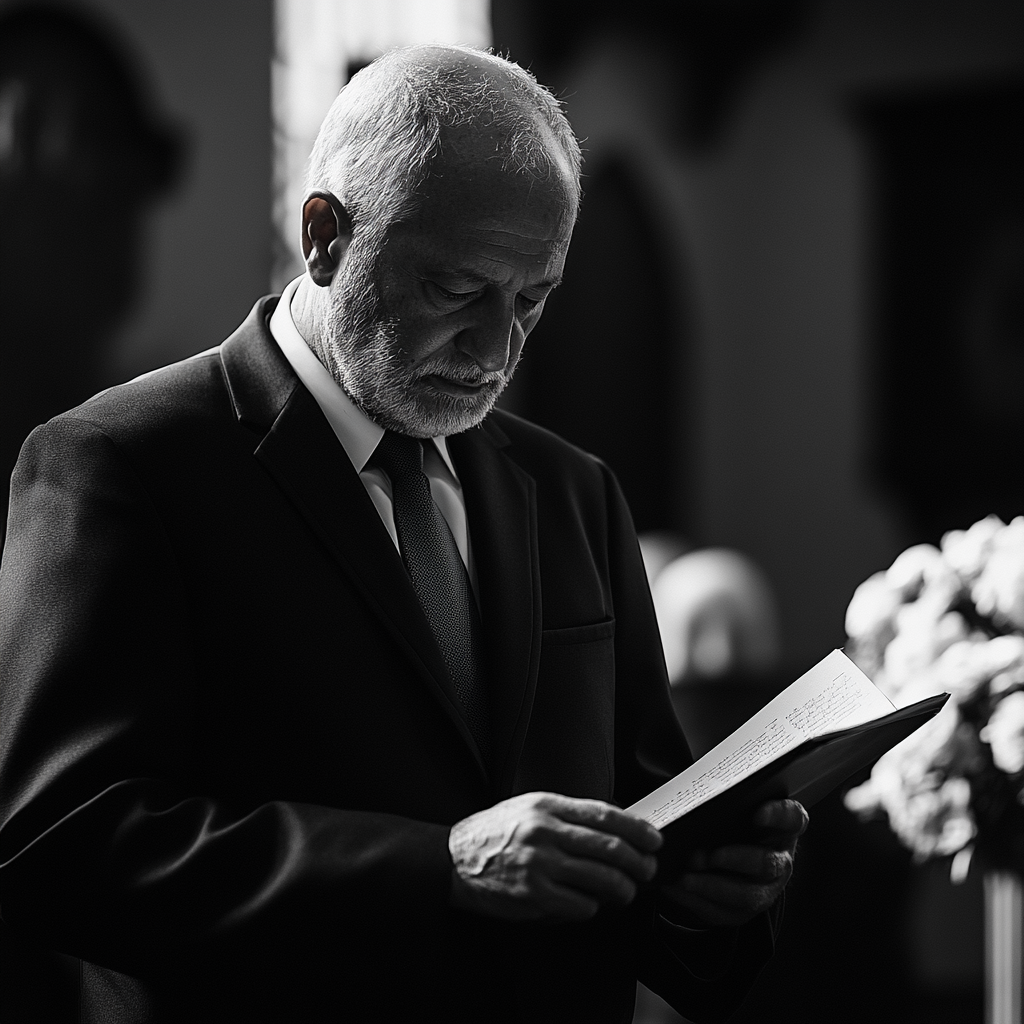 Hombre mayor leyendo una carta en un funeral | Fuente: Midjourney