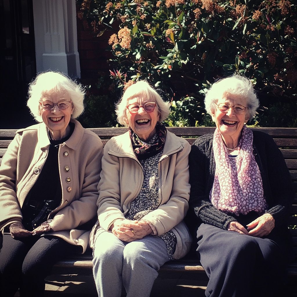 Tres ancianas sonrientes sentadas en un banco | Fuente: Midjourney