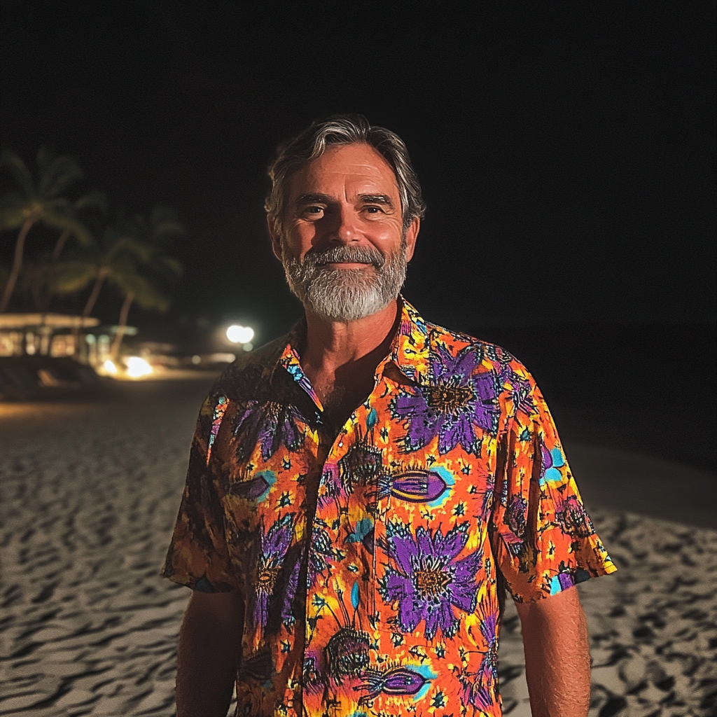 Un hombre sonriente con una camiseta del complejo | Fuente: Midjourney