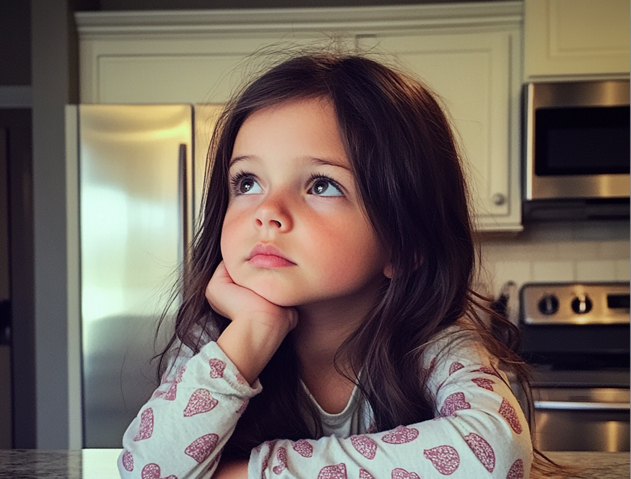 Una niña sentada en la encimera de la cocina | Fuente: Midjourney