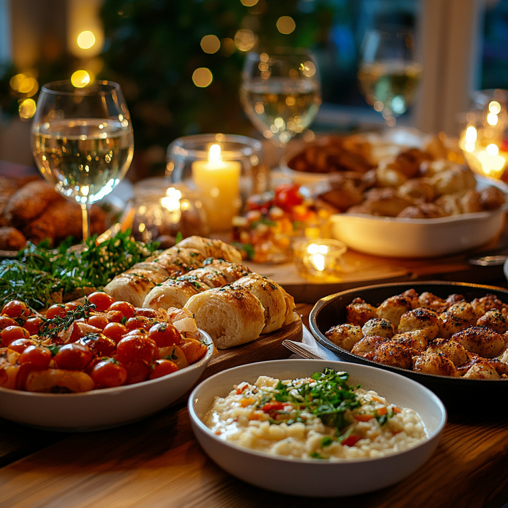 Una mesa de comedor llena de comidas tradicionales y clásicas | Fuente: Midjourney