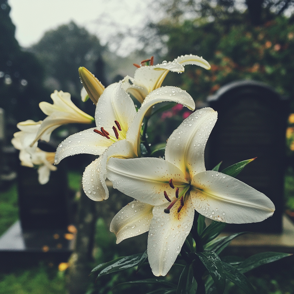 Lirios creciendo de una tumba en un cementerio | Fuente: Midjourney