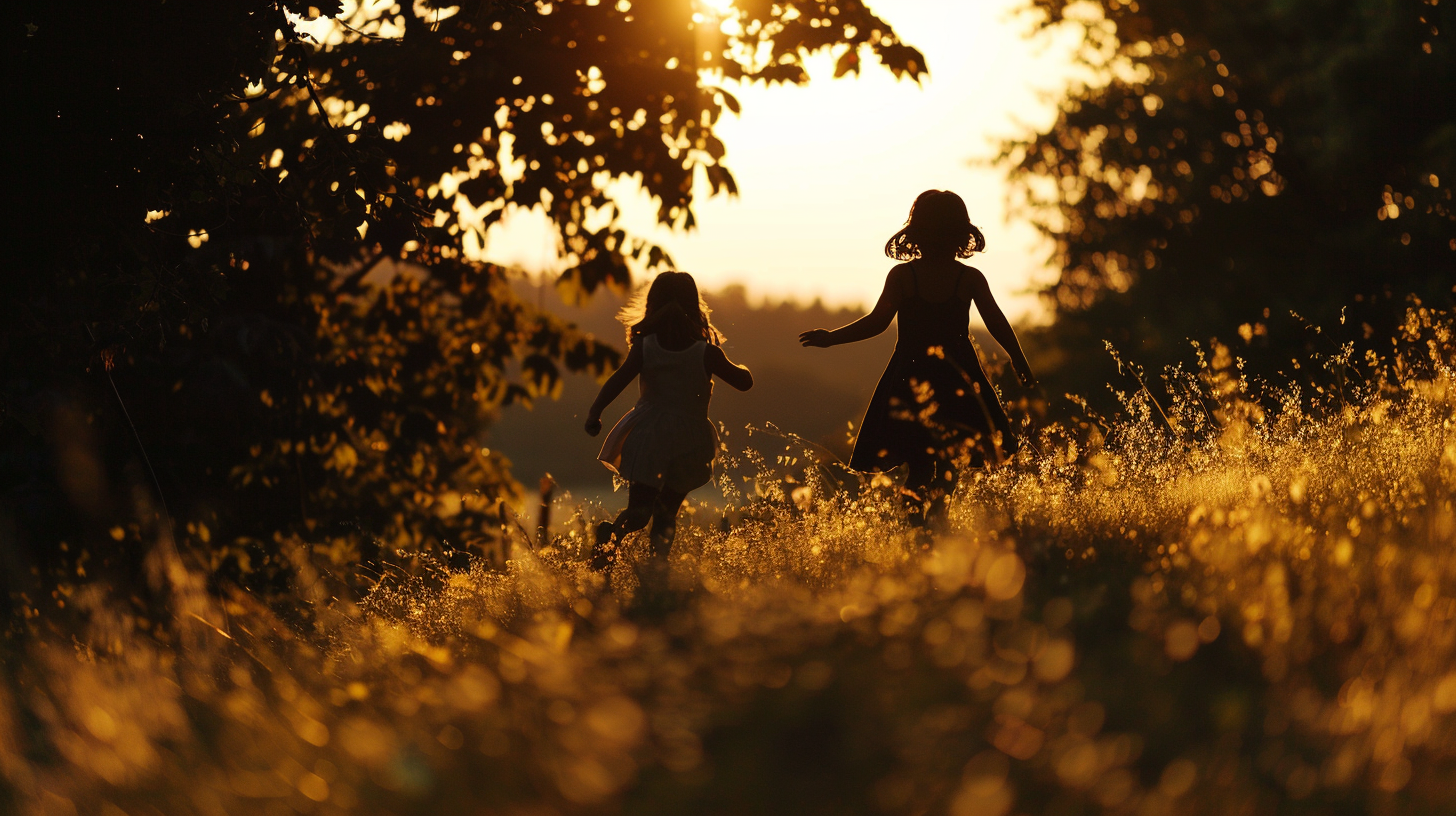 Dos niñas corriendo en una hermosa tarde | Fuente: Midjourney