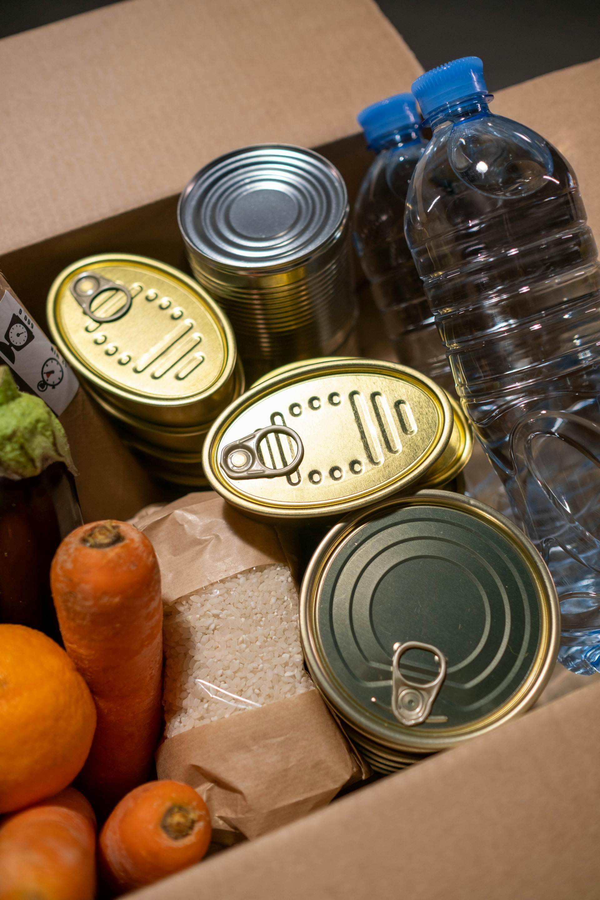 Donación de alimentos con latas, botellas de agua y verduras frescas | Fuente: Pexels