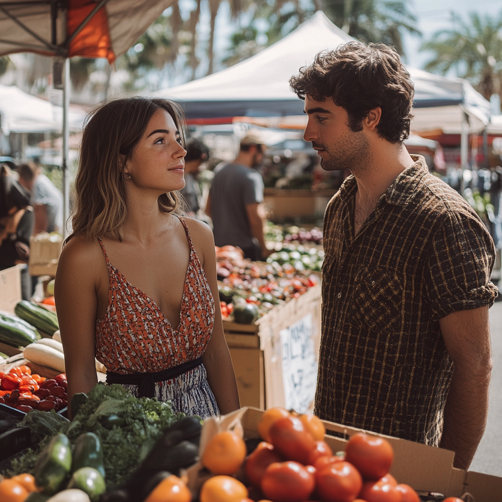 Gente charlando en un mercado agrícola | Fuente: Midjourney