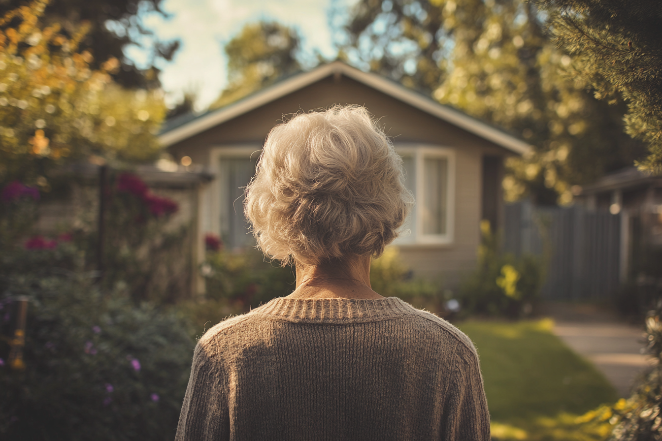 Una mujer mayor delante de una casa | Fuente: Midjourney