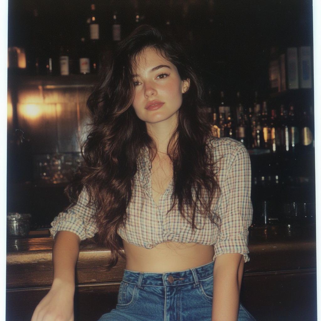 Una polaroid de una joven sentada en un bar | Fuente: Midjourney