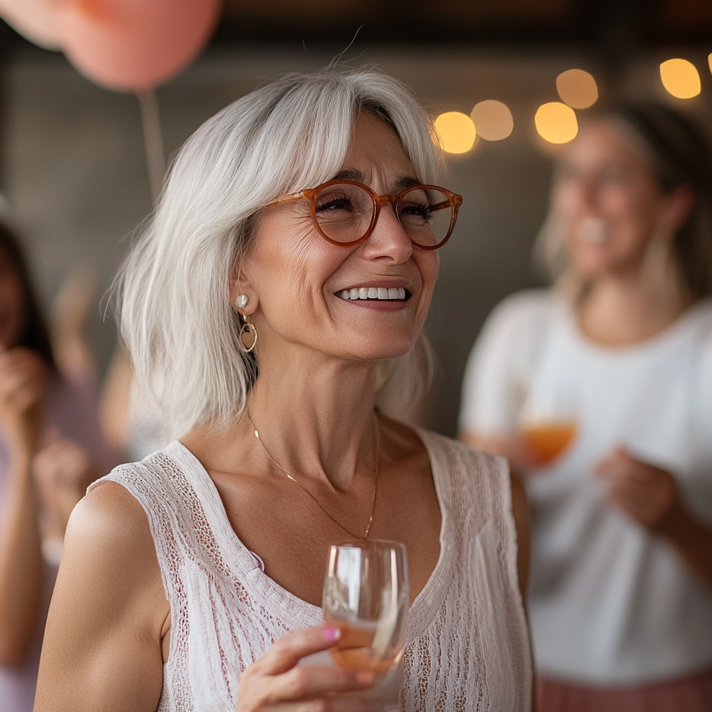 Una mujer feliz hablando en una fiesta de cumpleaños | Fuente: Midjourney