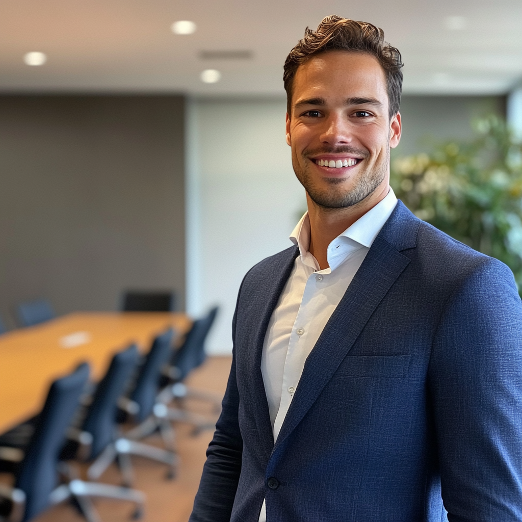 Un hombre sonriente vestido de traje | Fuente: Midjourney