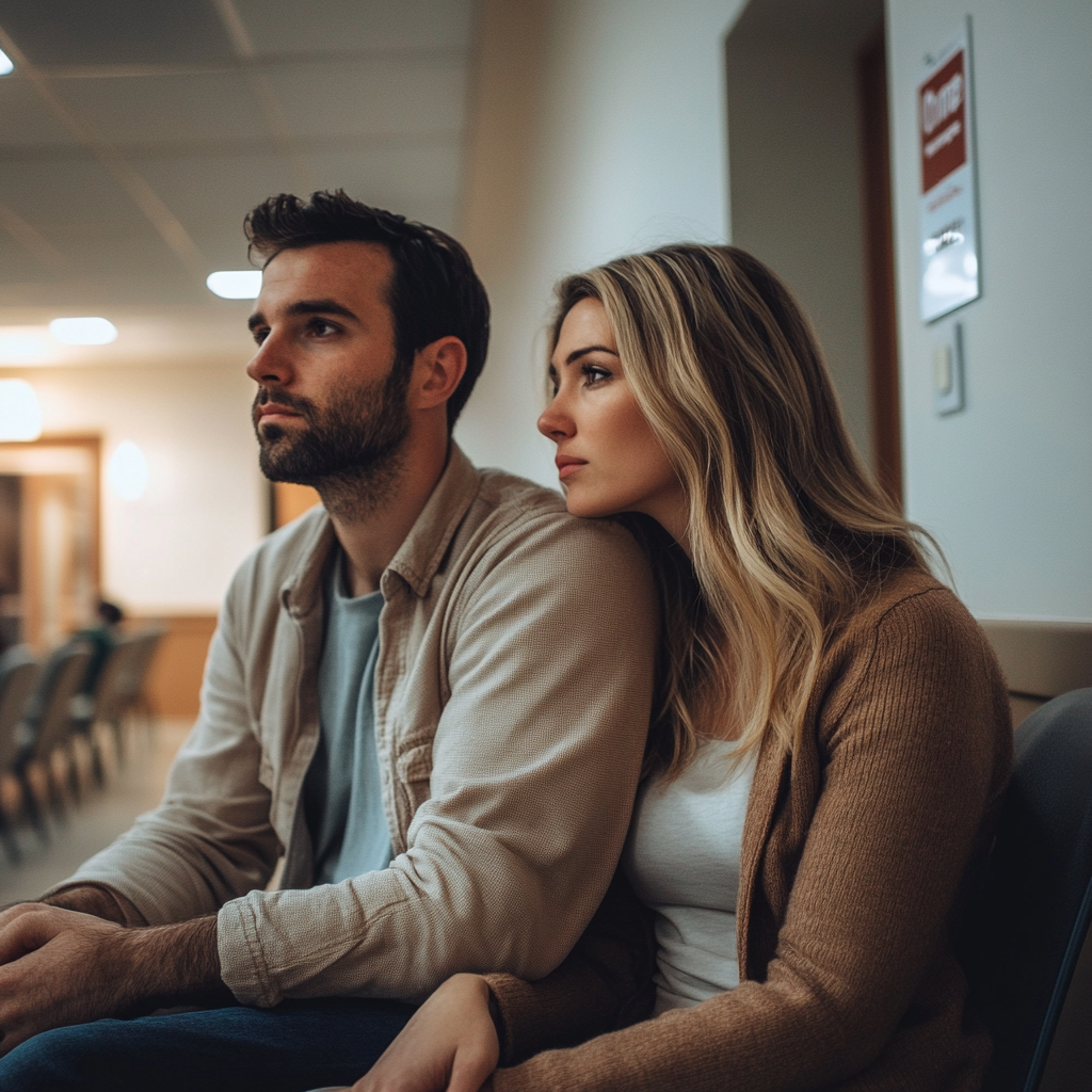 Padres nerviosos en la sala de espera de un hospital | Fuente: Midjourney