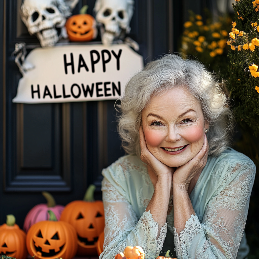 Una anciana sonriente con la decoración de Halloween como telón de fondo | Fuente: Midjourney