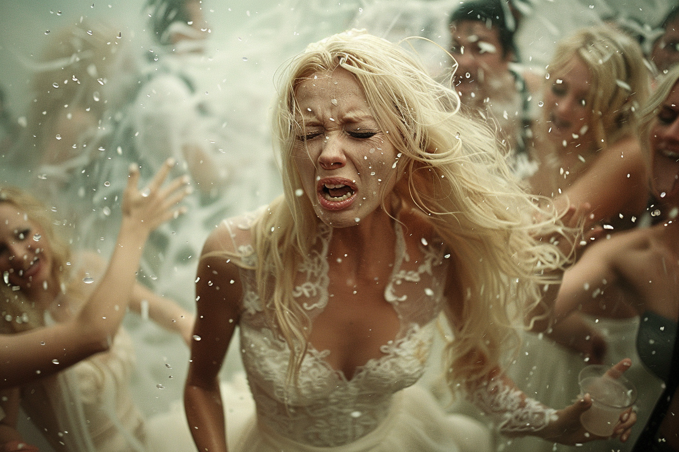 Una novia enfadada rodeada de invitados revoltosos | Foto: Midjourney