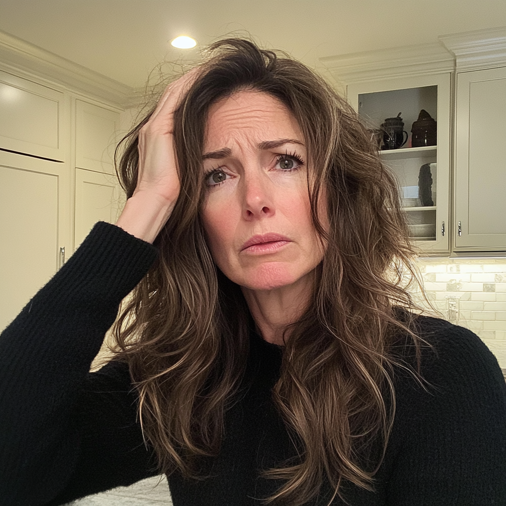 Una mujer alterada con la mano en la cabeza | Fuente: Midjourney