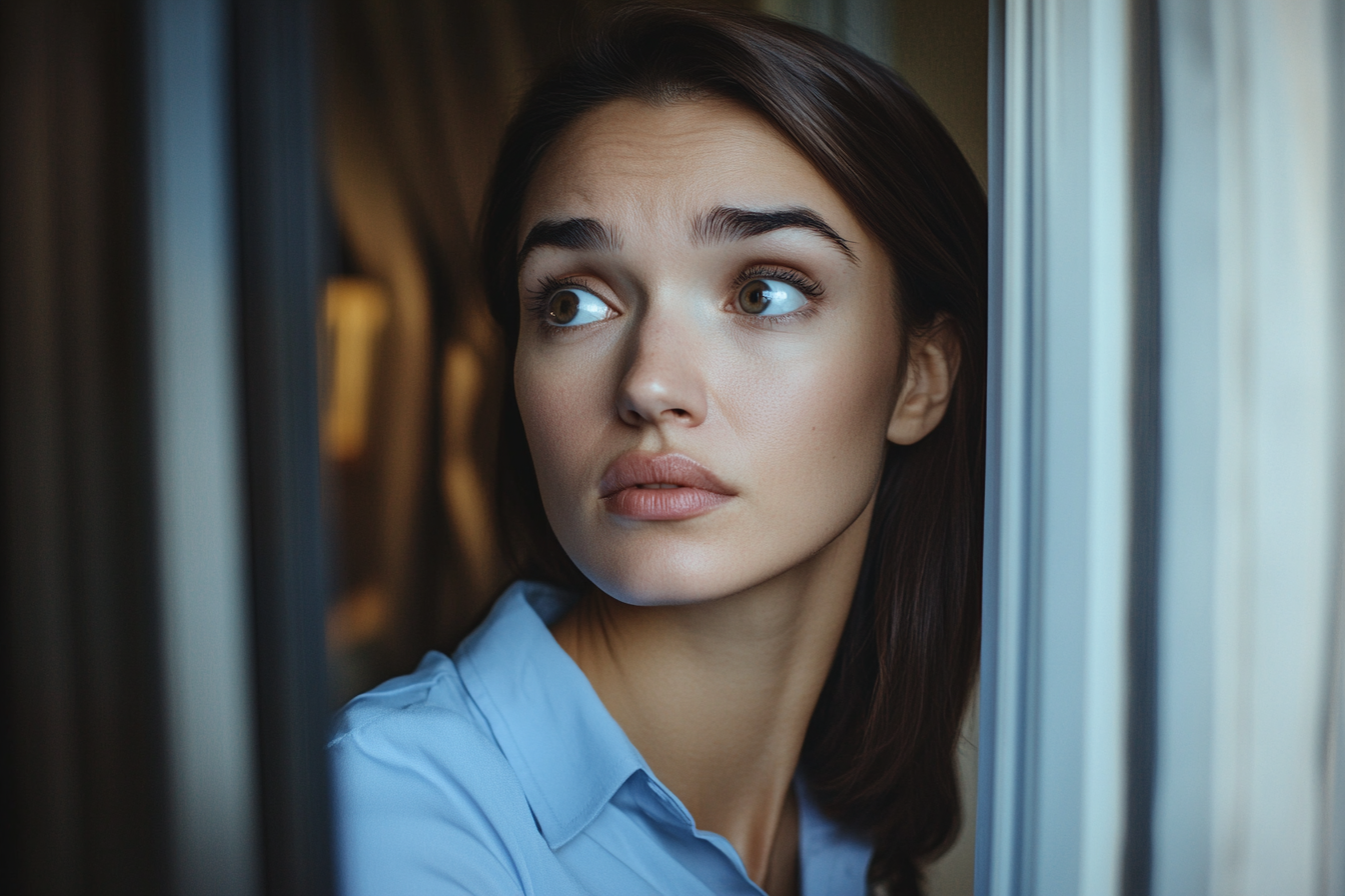 Una mujer mirando fuera de su casa | Fuente: Midjourney