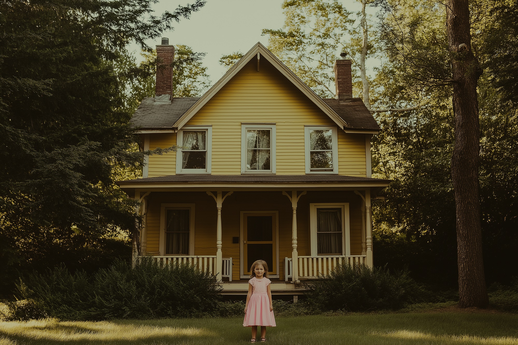 Una niña con un vestido rosa delante de una casa amarilla | Fuente: Midjourney