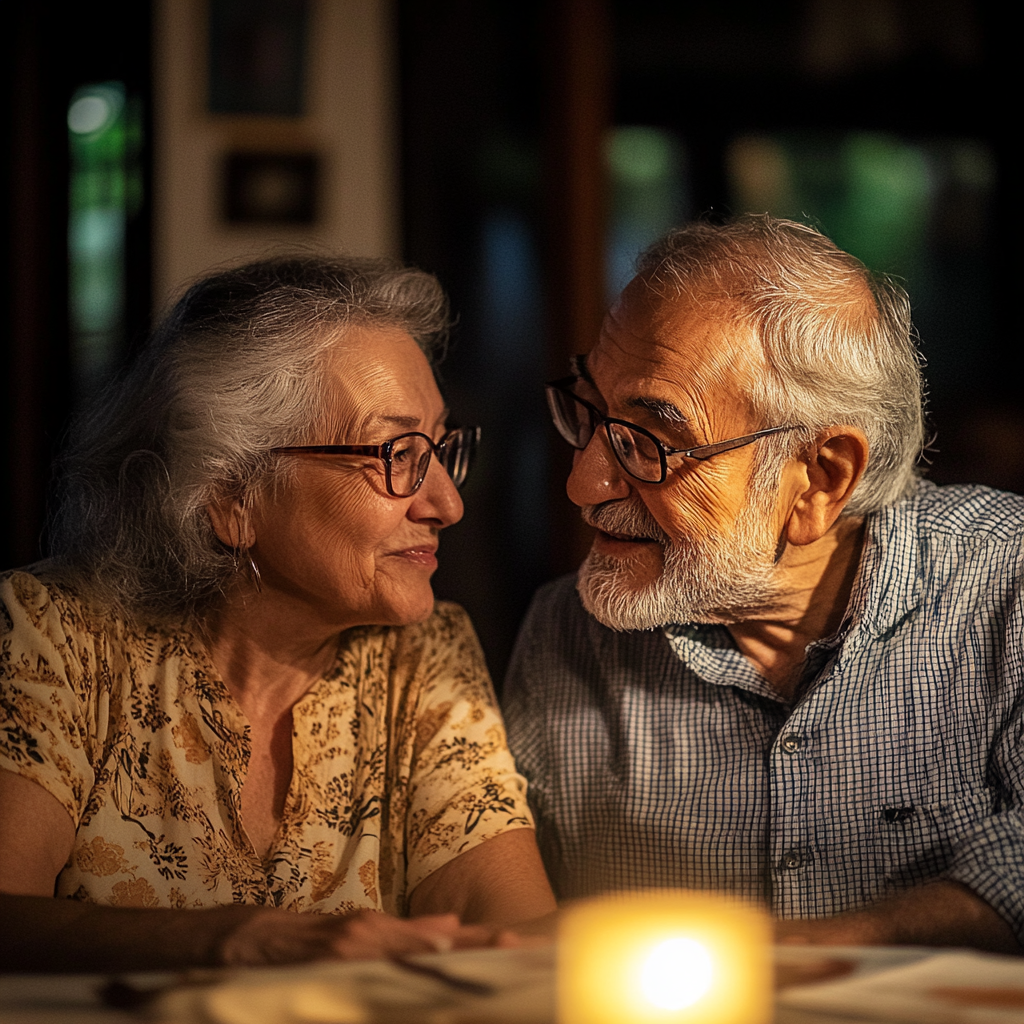 Pareja de ancianos manteniendo una conversación delicada | Fuente: Midjourney