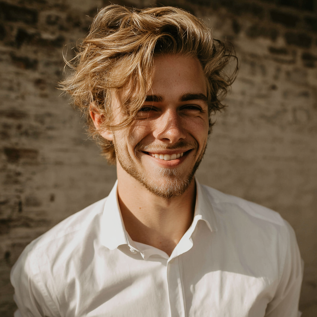 Un giovane sorridente che indossa una camicia bianca da cerimonia | Fonte: Midjourney