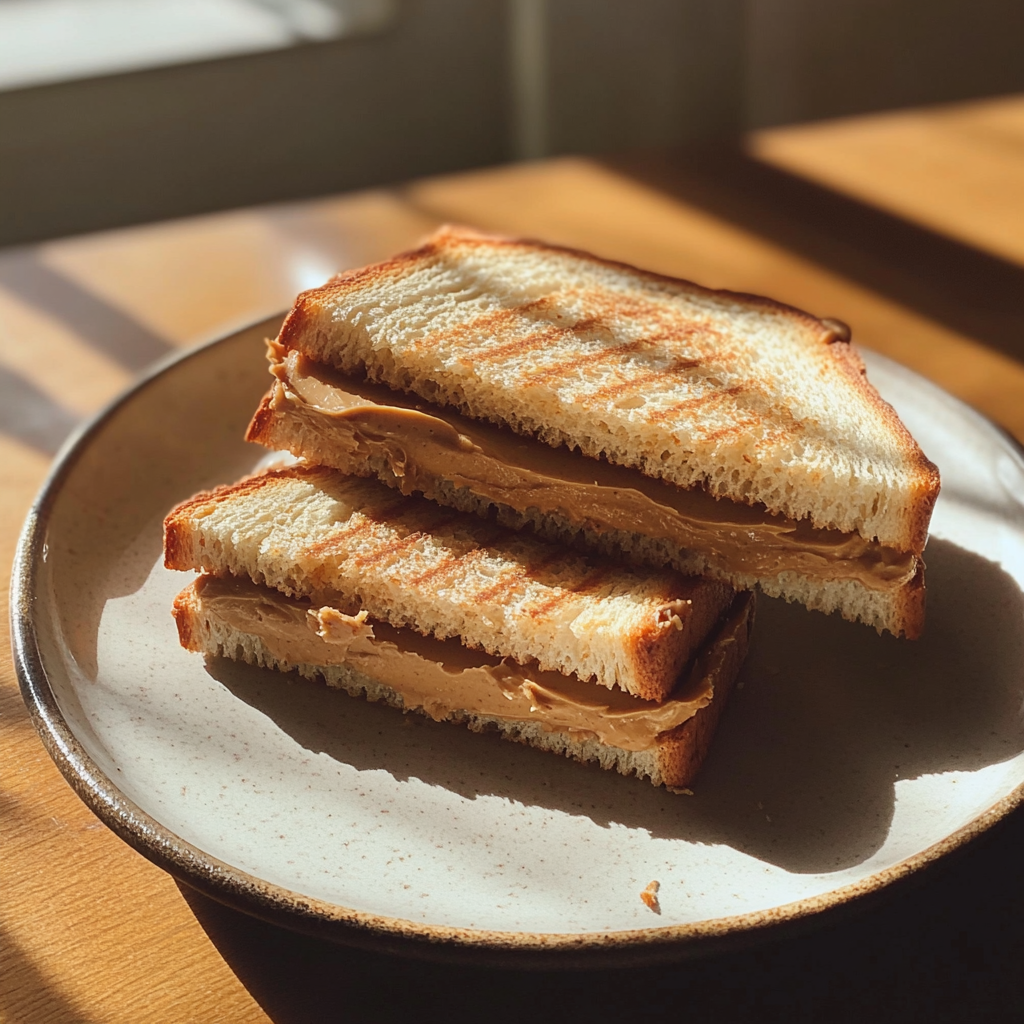 Un bocadillo de mantequilla de maní en un plato | Fuente: Midjourney