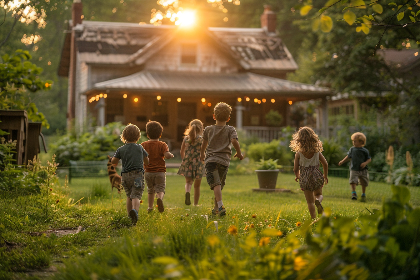 Niños jugando fuera de una casa | Fuente: Midjourney