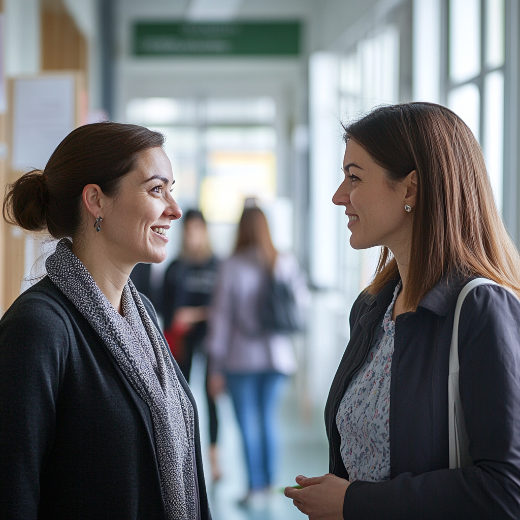 Dos mujeres hablando en una escuela | Fuente: Midjourney