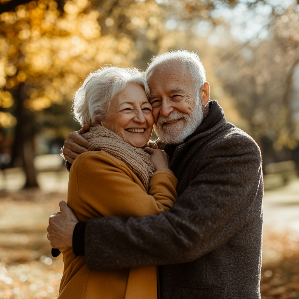 Un hombre sonriente abrazando a su feliz esposa | Fuente: Midjourney