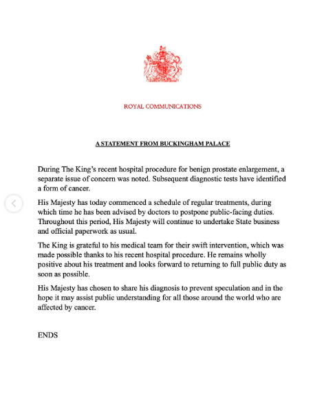Comunicado anunciando el diagnóstico de cáncer del rey Charles III publicado el 5 de febrero de 2024 | Foto: Instagram/theroyalfamily