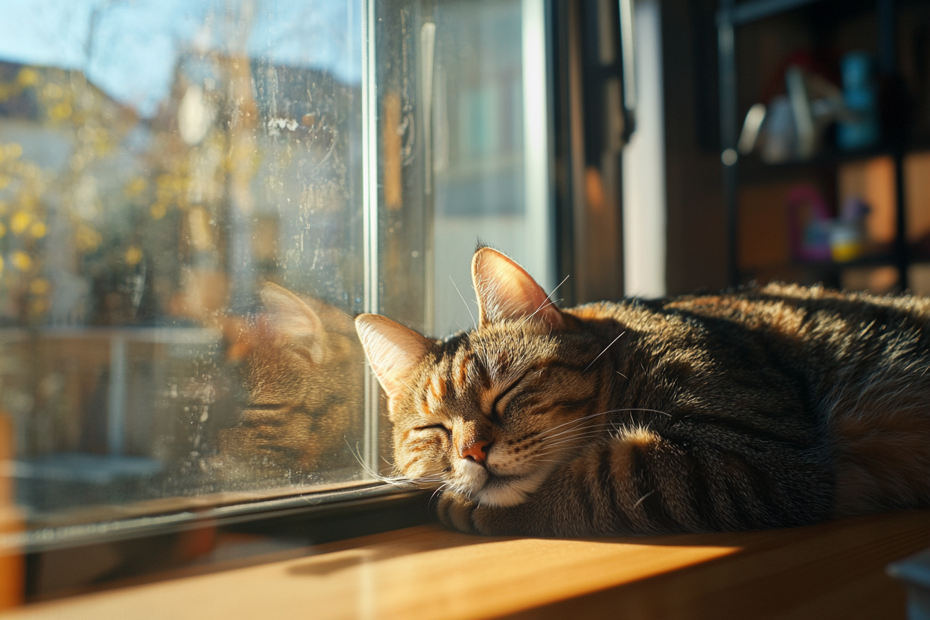 Un gato durmiendo cerca de una ventana de cristal | Fuente: Midjourney