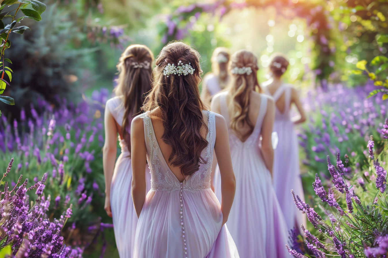 Damas de honor caminando hacia el altar con impresionantes vestidos color lavanda | Fuente: Midjourney