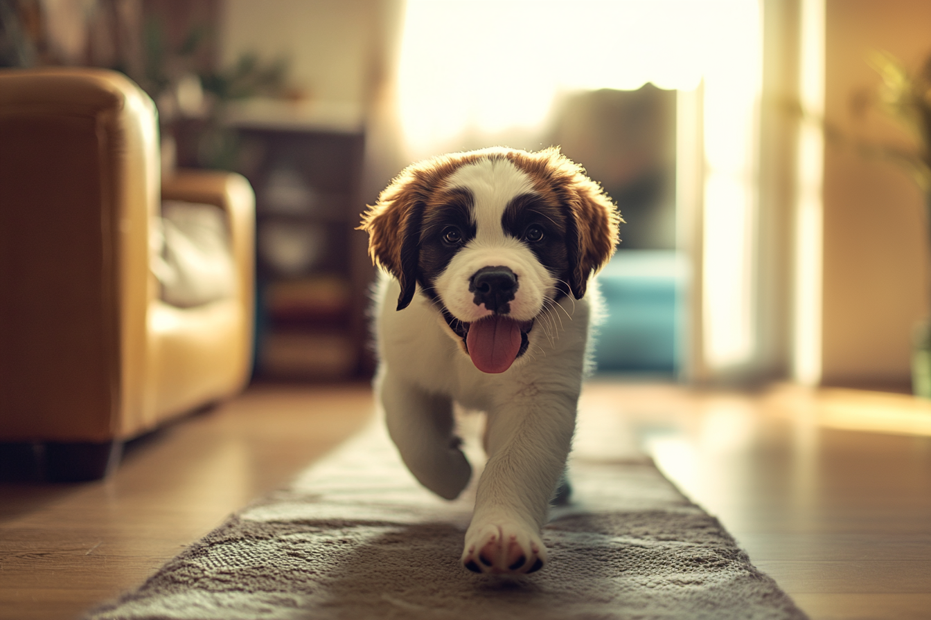 Un feliz cachorro de San Bernardo con la lengua fuera en el salón | Fuente: Midjourney