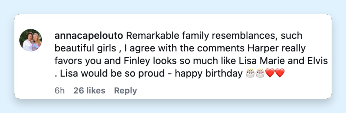 Un fan comparó a Harper con Priscilla y a Finley con Lisa Marie y Elvis, y añadió que su difunta madre habría estado orgullosa. | Fuente: Instagram