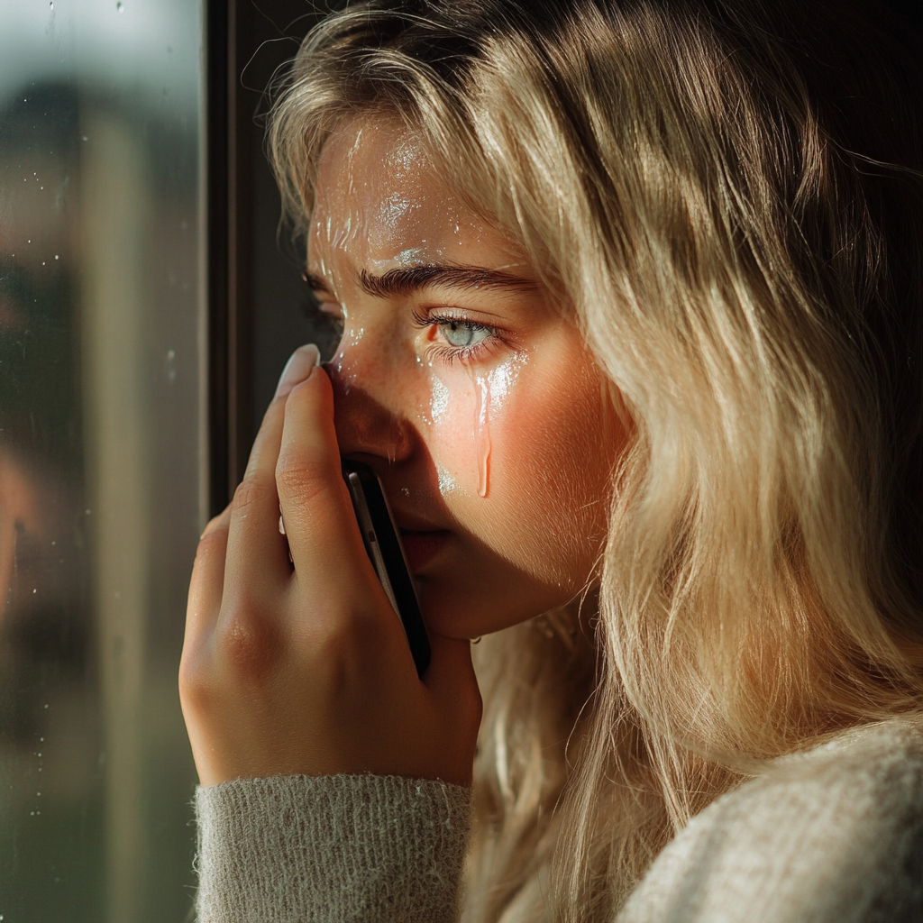 Una mujer emocionada al teléfono | Fuente: Midjourney