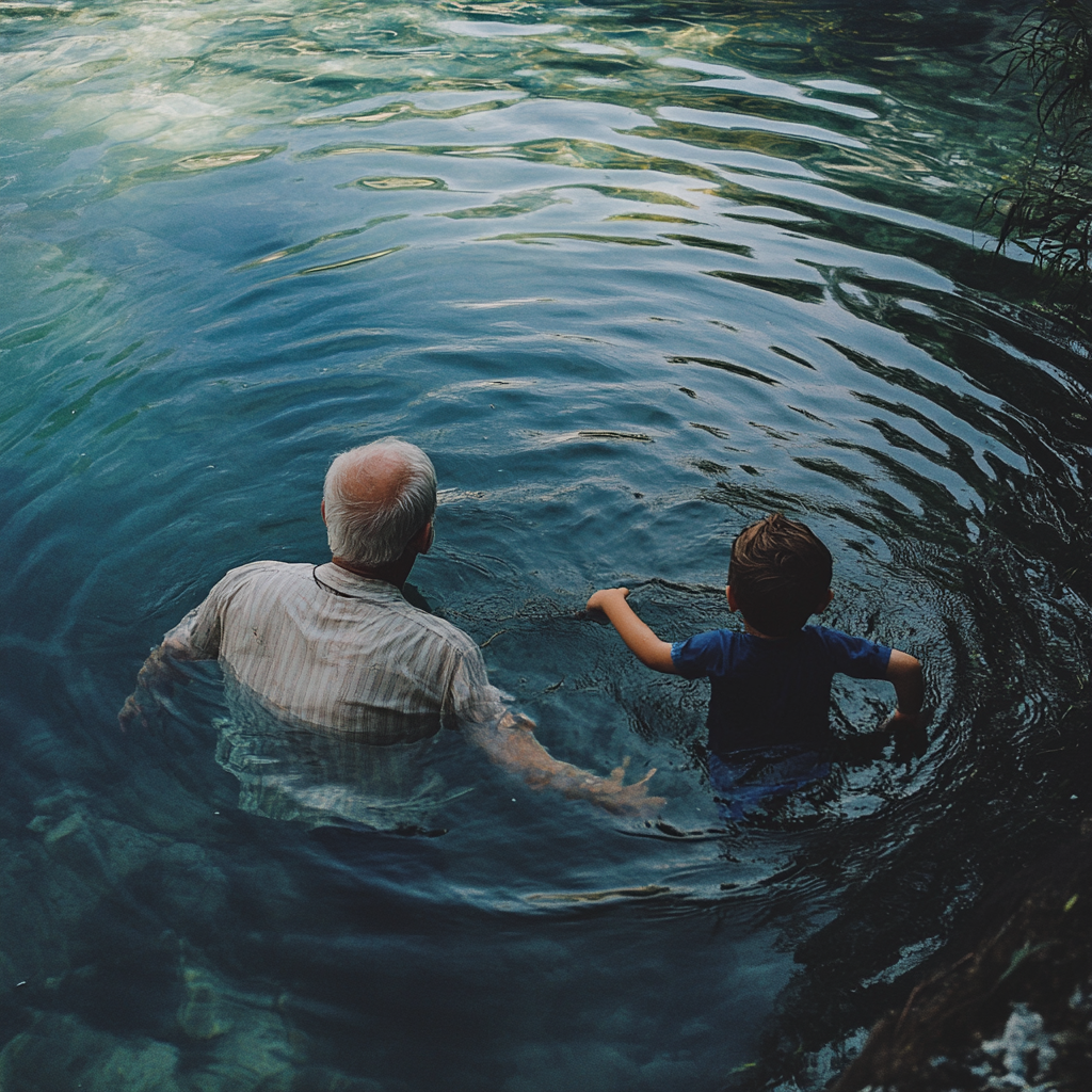 Un anciano y un niño nadando | Fuente: Midjourney