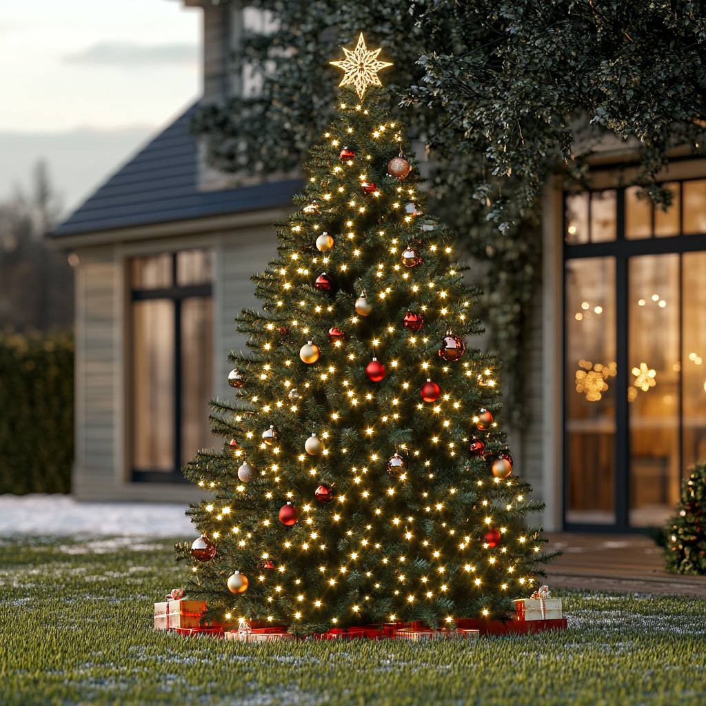 Un hermoso árbol de Navidad en el exterior de una casa | Fuente: Midjourney