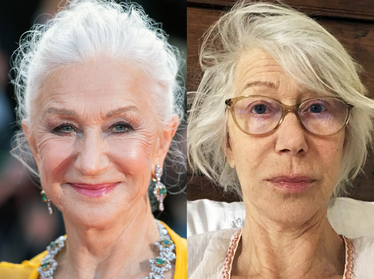 Helen Mirren con maquillaje vs sin maquillaje | Fuente: Getty Images | Instagram/helenmirren