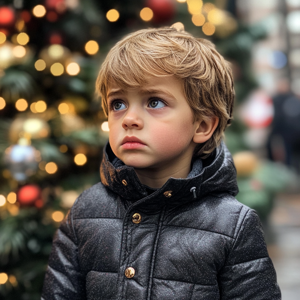 Un niño triste junto a un árbol de Navidad | Fuente: Midjourney