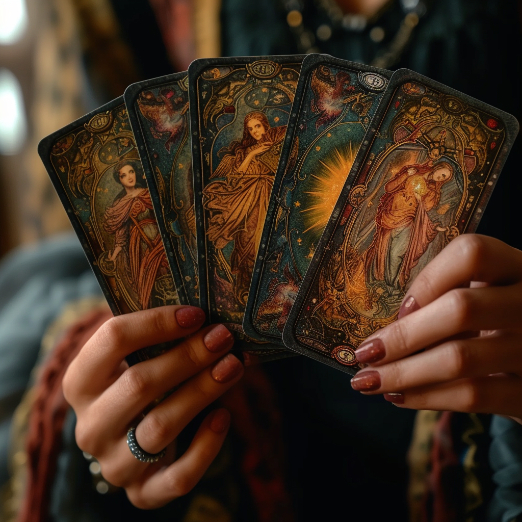 Una persona sosteniendo cartas del tarot | Fuente: Midjourney