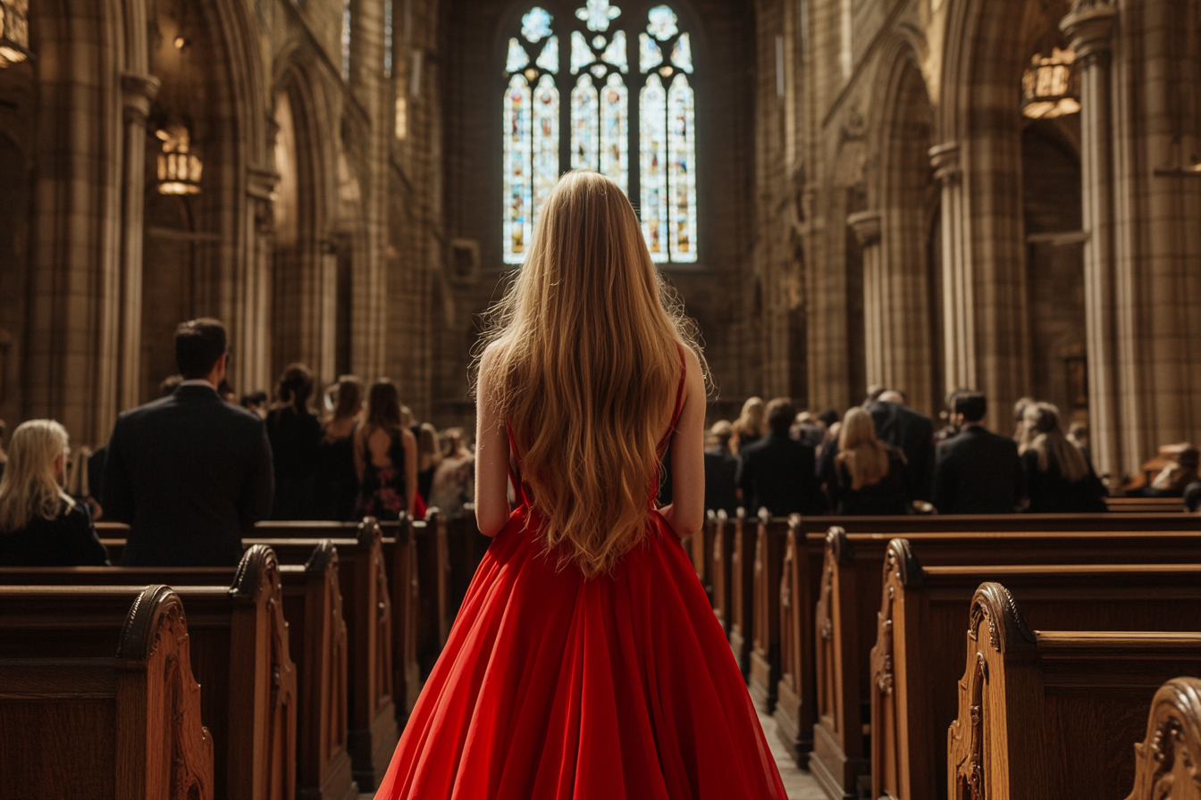 Una novia entrando en una iglesia con un vestido de novia rojo | Fuente: Midjourney