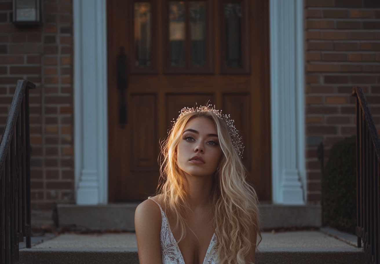 Una hermosa novia sentada en el exterior de una iglesia | Fuente: Midjourney