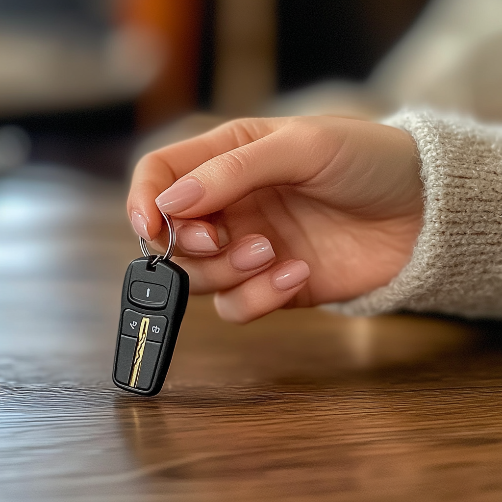 Mano de mujer cogiendo las llaves del Automóvil de la mesa | Fuente: Midjourney